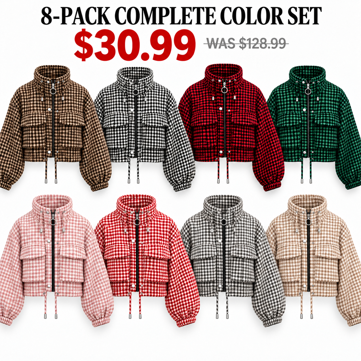 Eight cropped houndstooth jackets in Coffee Brown, Black and White, Red and Black, Emerald Green, Blush Pink, Red and White, Gray and Beige, 8-Pack, USD 30.99