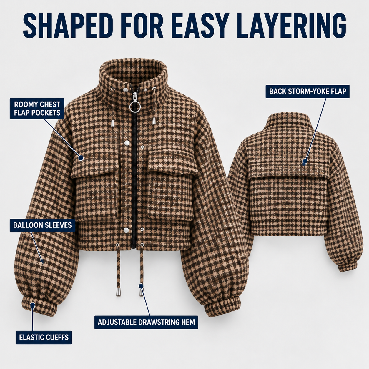 Coffee Brown cropped houndstooth jacket collar, front closure, cuffs, front drawcord and clean back-yoke construction