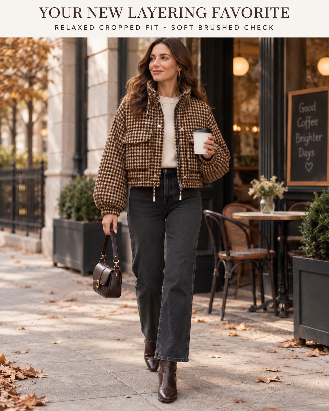 Lifestyle hero showing the Coffee Brown cropped houndstooth jacket