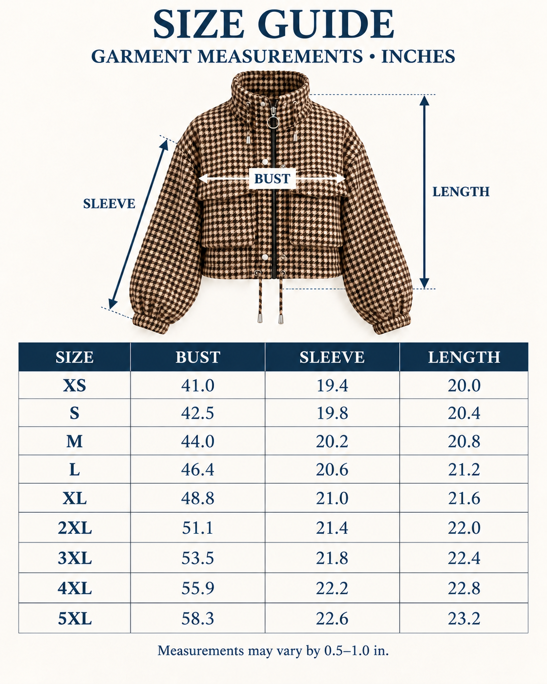Product measurement diagram and XS to 5XL size guide