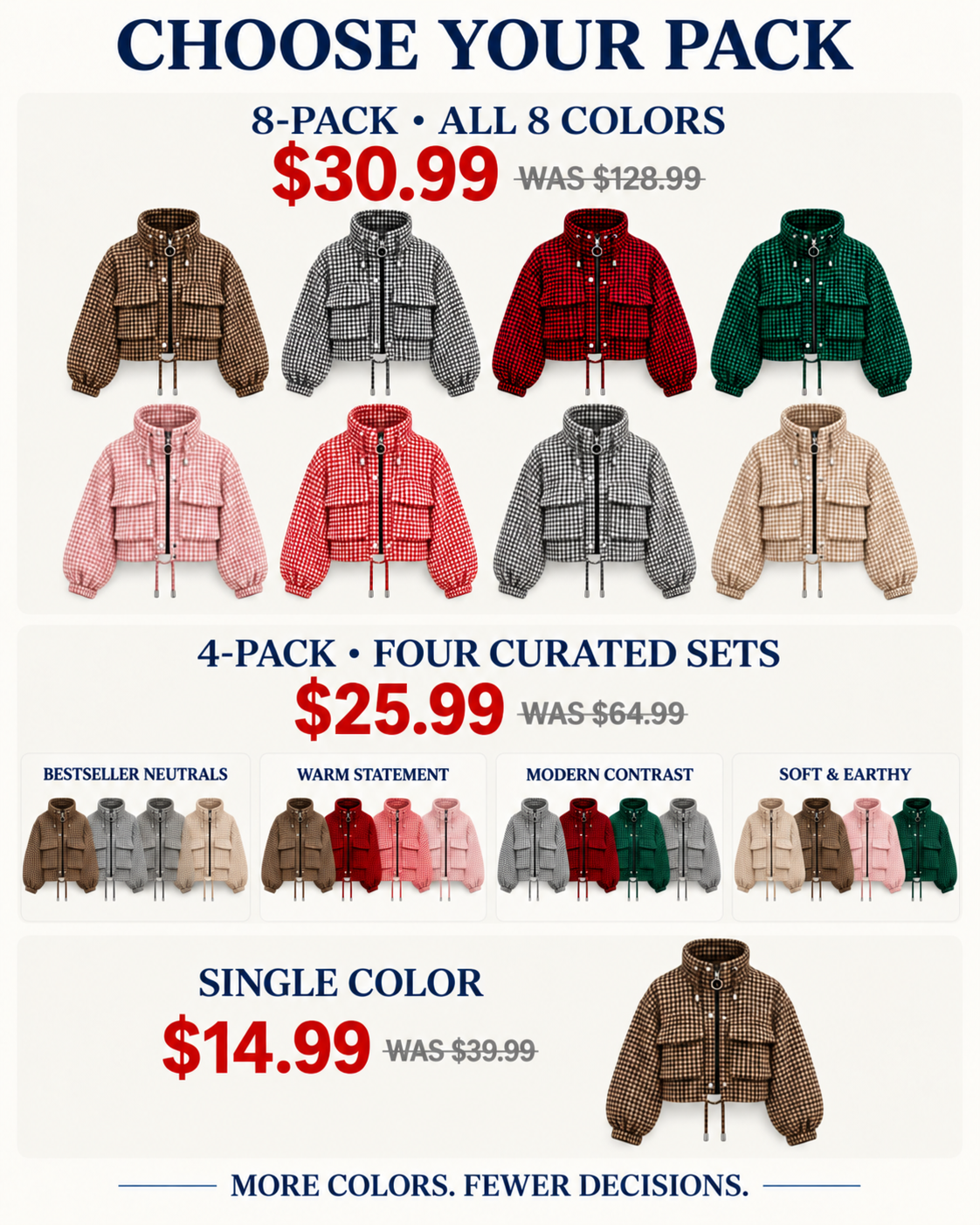 Choose Your Pack guide with 8-Pack, 4-Pack and single pricing