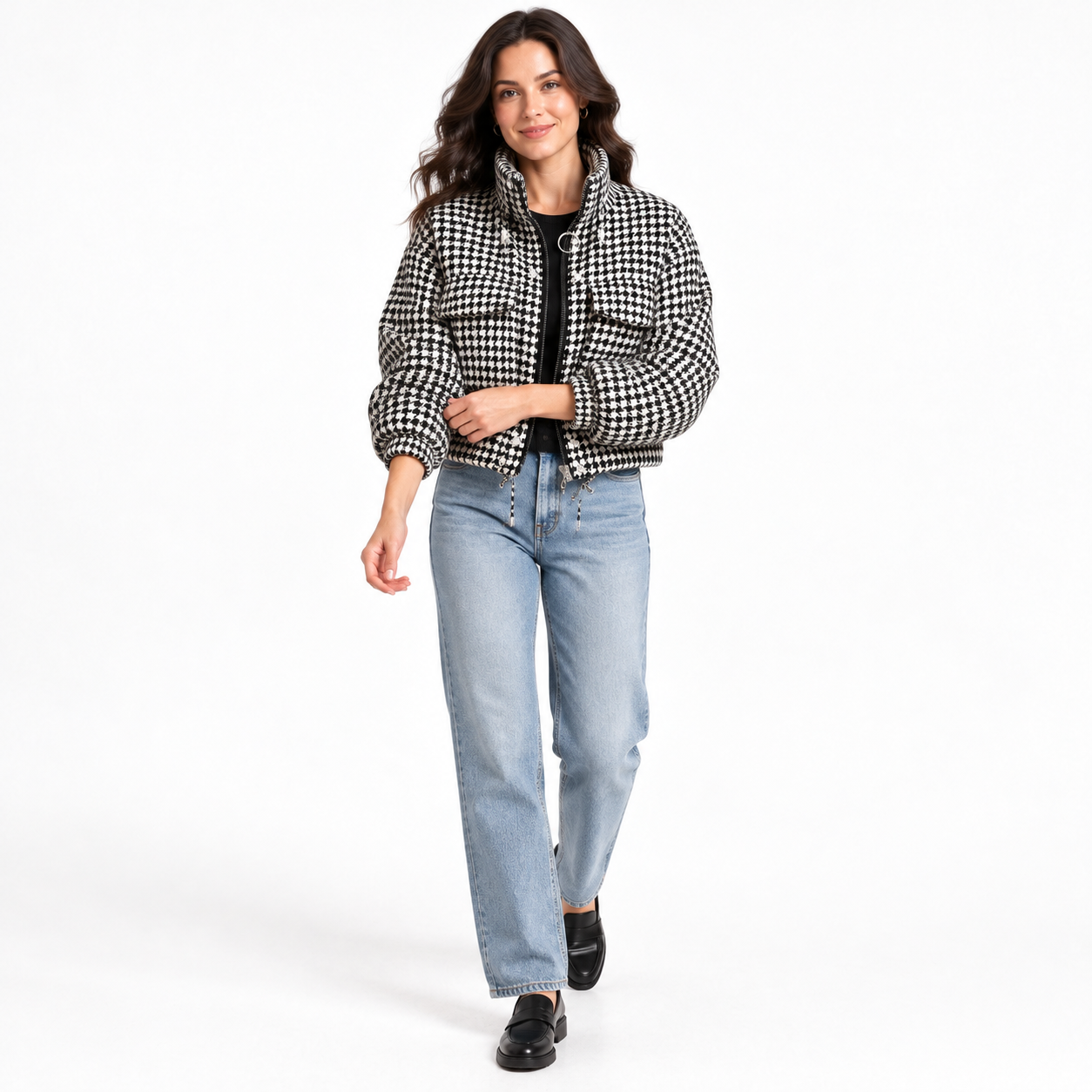Woman wearing the Black and White cropped houndstooth jacket, studio front view