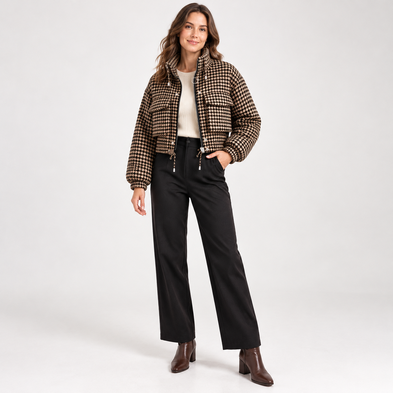 Woman wearing the Coffee Brown cropped houndstooth jacket, studio front view
