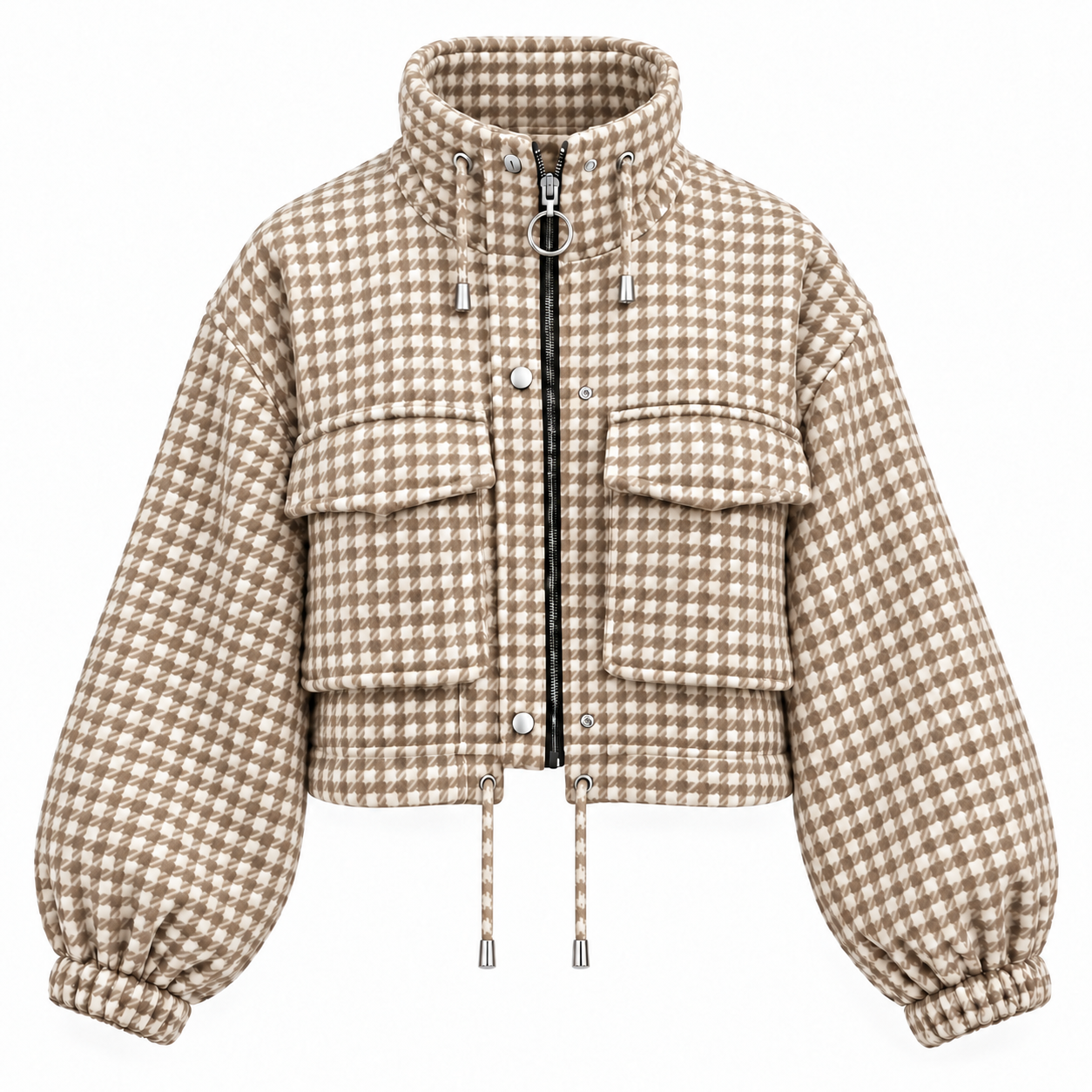 Single Beige cropped houndstooth jacket, front and clean back