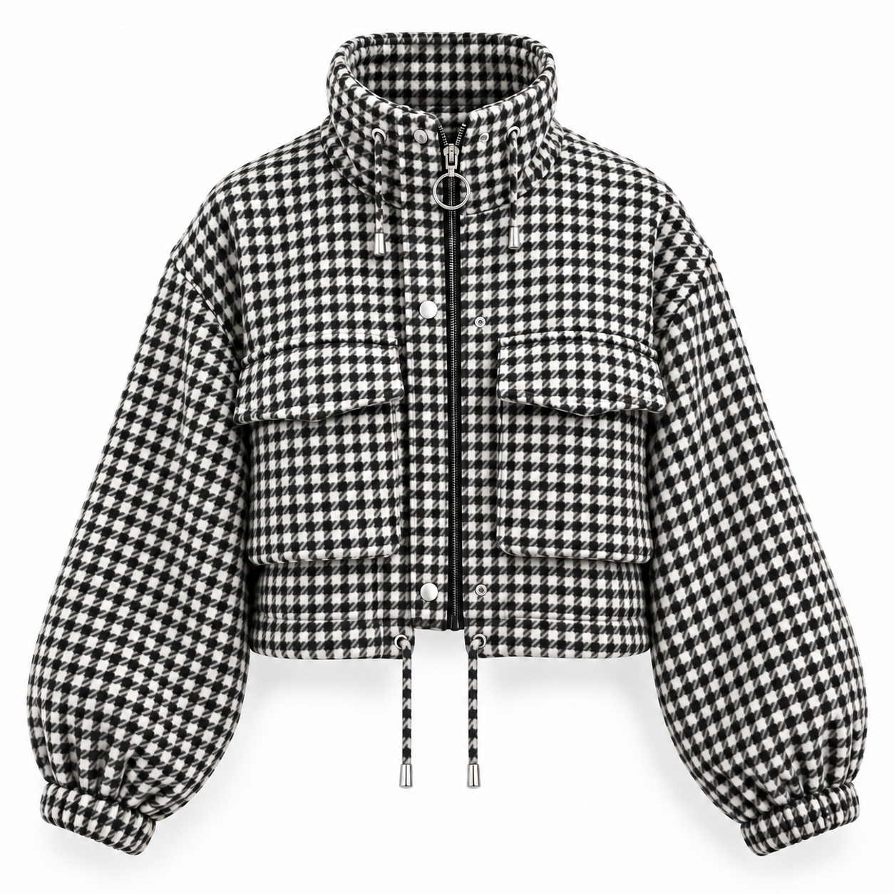 Single Black and White cropped houndstooth jacket, front and clean back