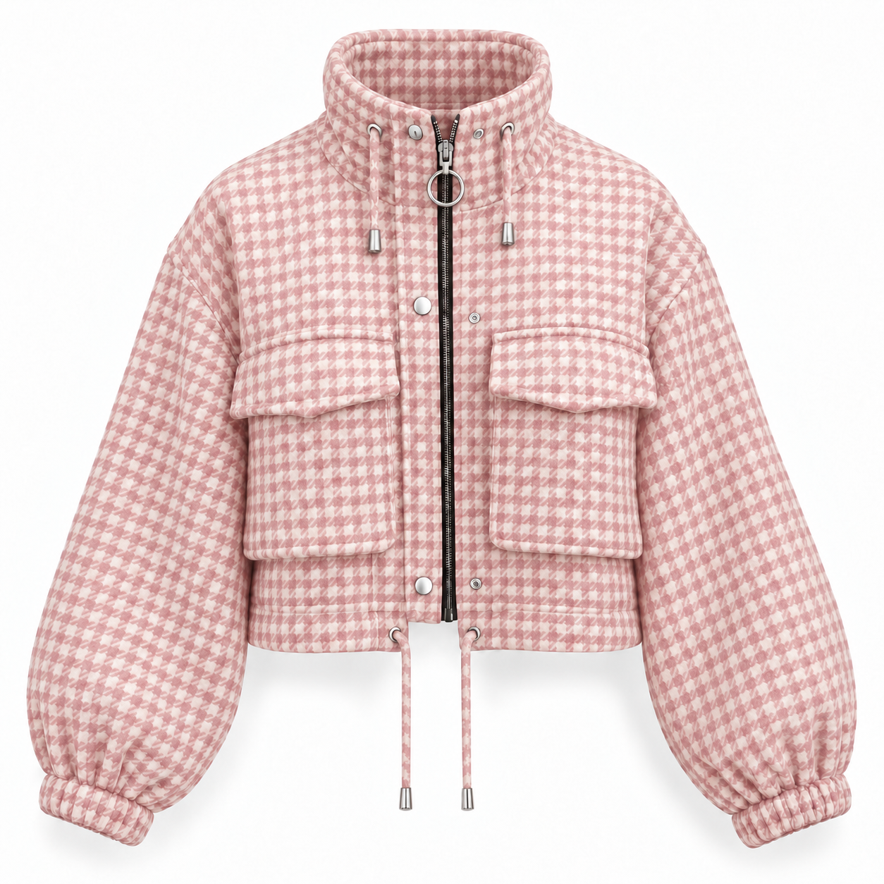 Single Blush Pink cropped houndstooth jacket, front and clean back