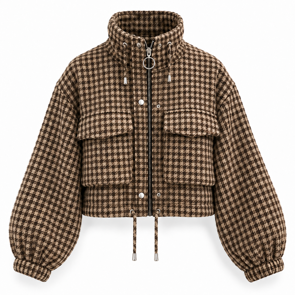 Single Coffee Brown cropped houndstooth jacket, front and clean back