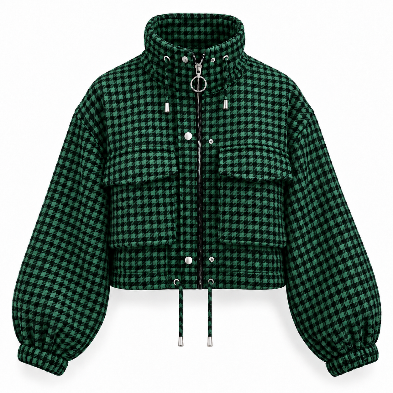 Single Emerald Green cropped houndstooth jacket, front and clean back