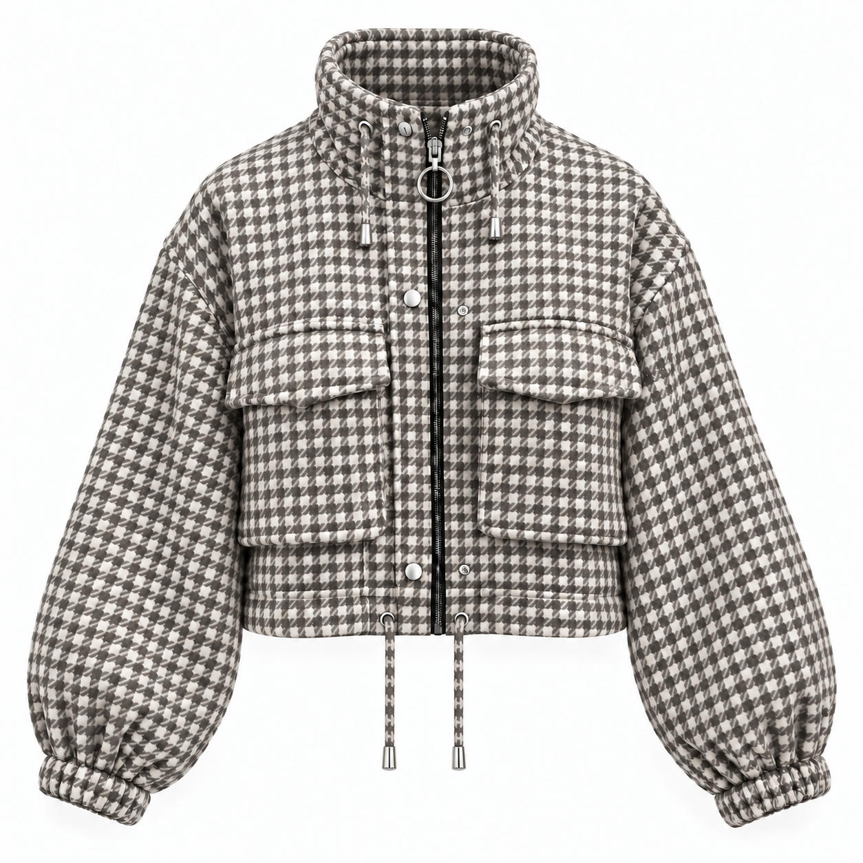 Single Gray cropped houndstooth jacket, front and clean back