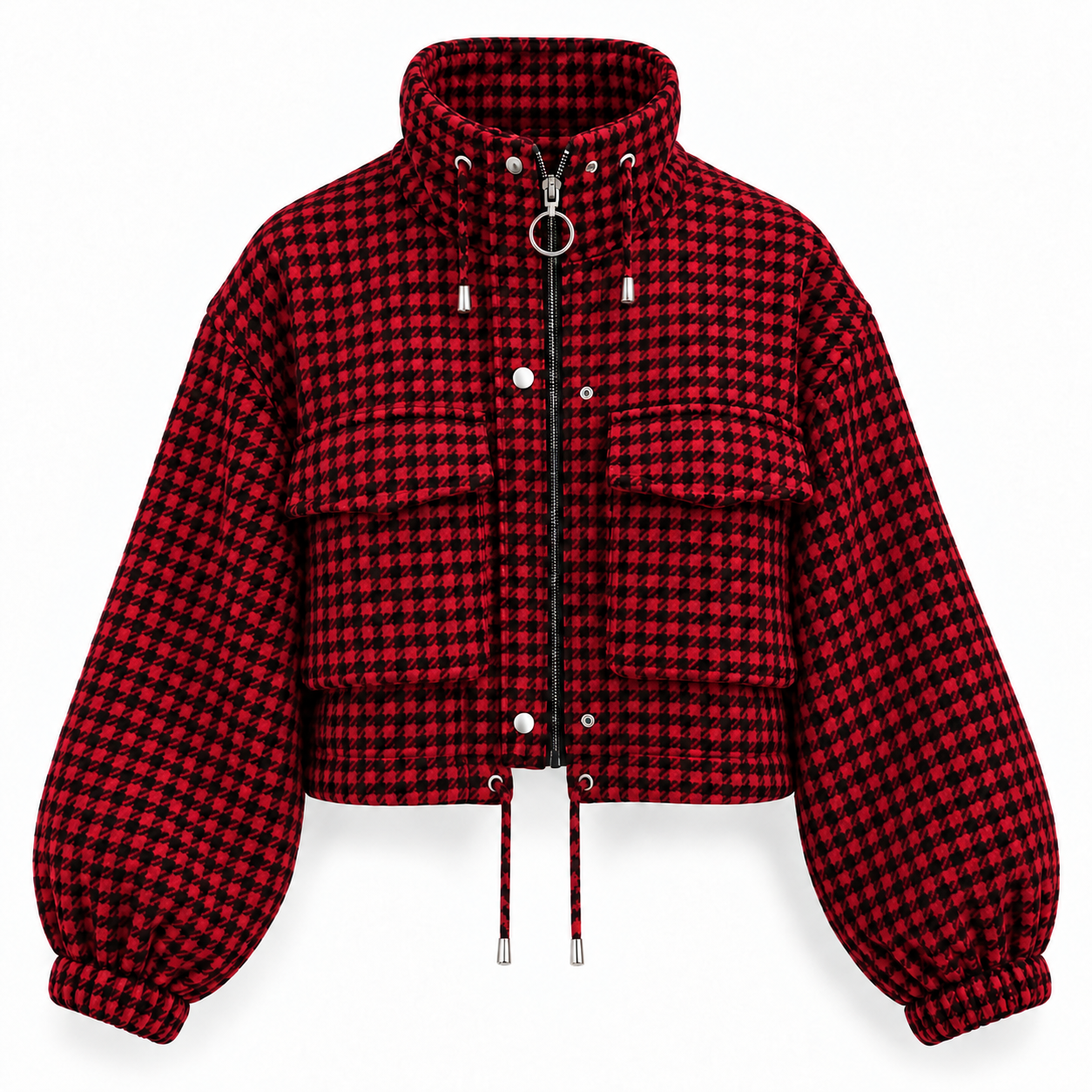 Single Red and Black cropped houndstooth jacket, front and clean back