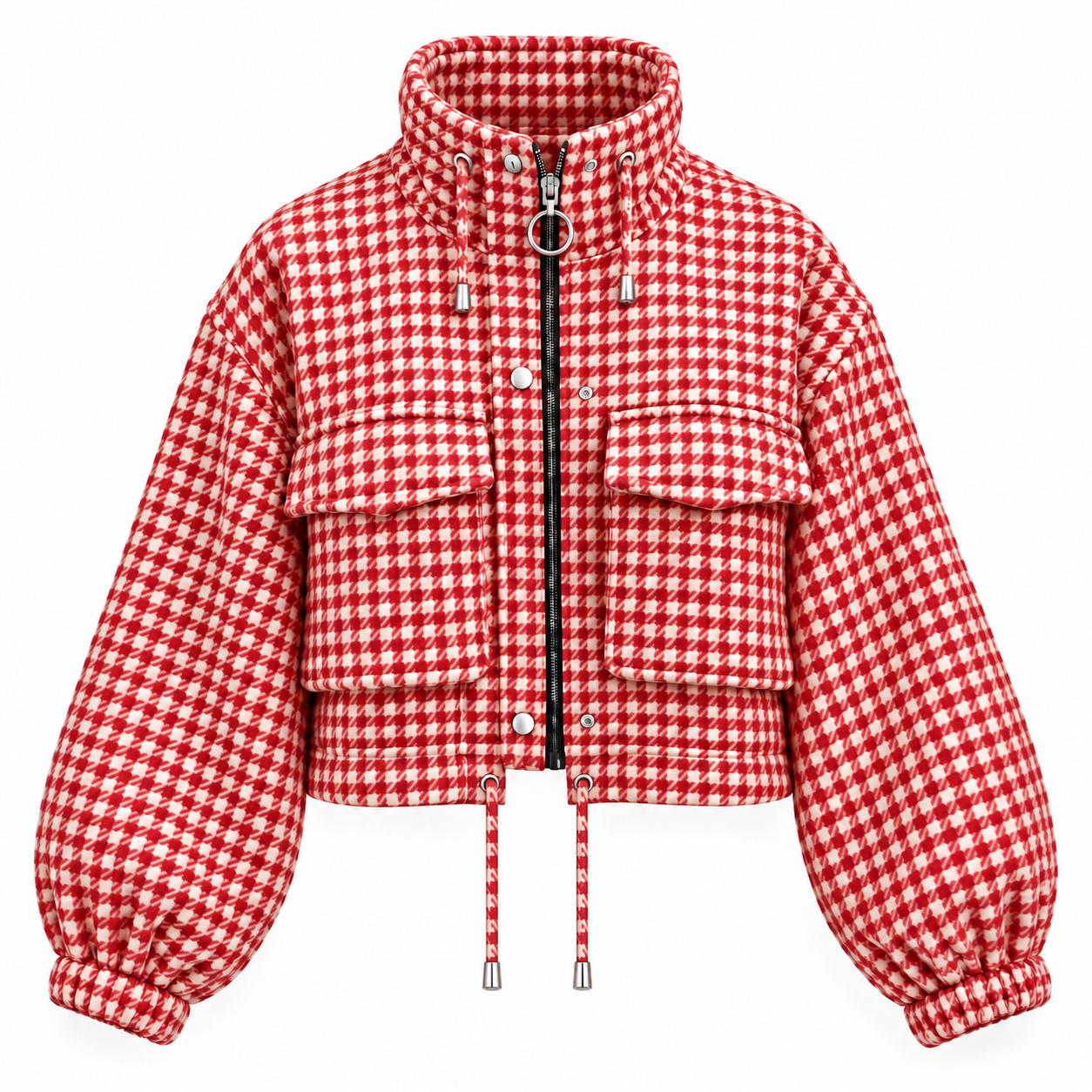 Single Red and White cropped houndstooth jacket, front and clean back