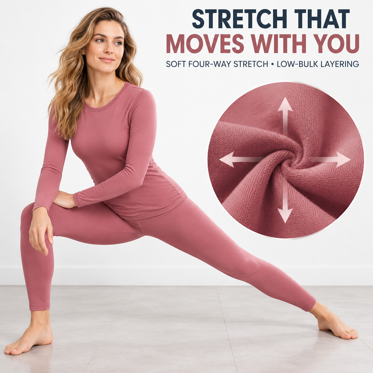 Four-way stretch and fitted low-bulk thermal base-layer function