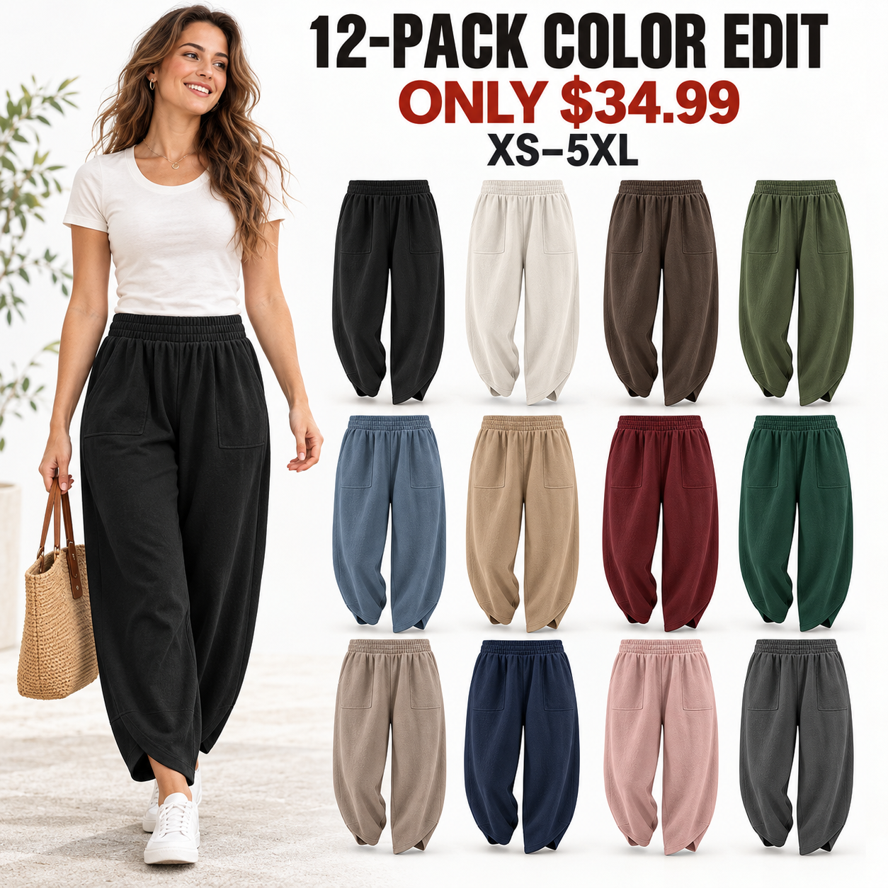Twelve women's wide-leg harem pants in the Complete Color Edit, 12-Pack, $34.99