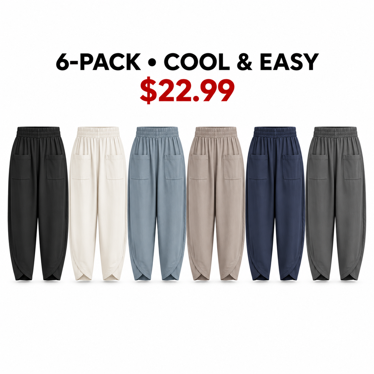 Six wide-leg harem pants in Cool and Easy colors, 6-Pack, $22.99