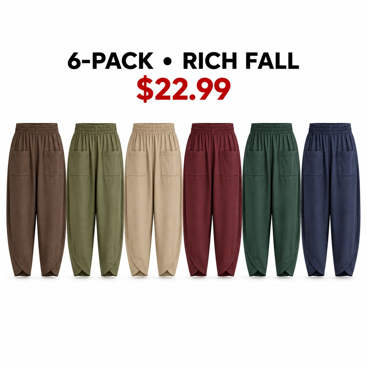 Six wide-leg harem pants in Rich Fall colors, 6-Pack, $22.99