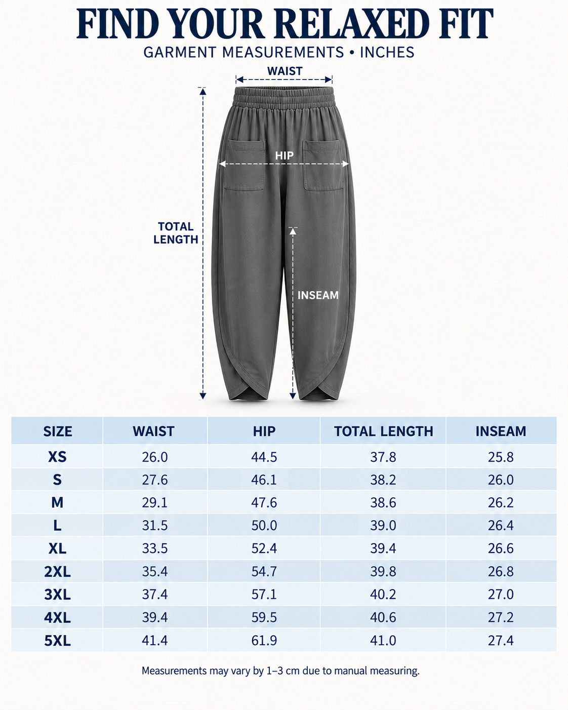 XS to 5XL garment measurements