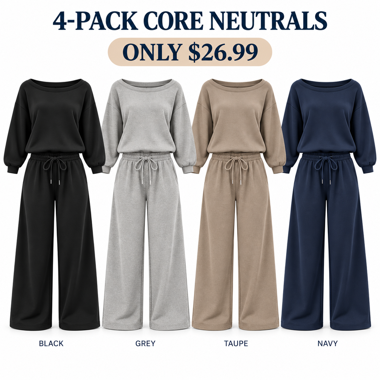 Four off-shoulder lounge sets in Core Neutrals, 4-Pack, $26.99