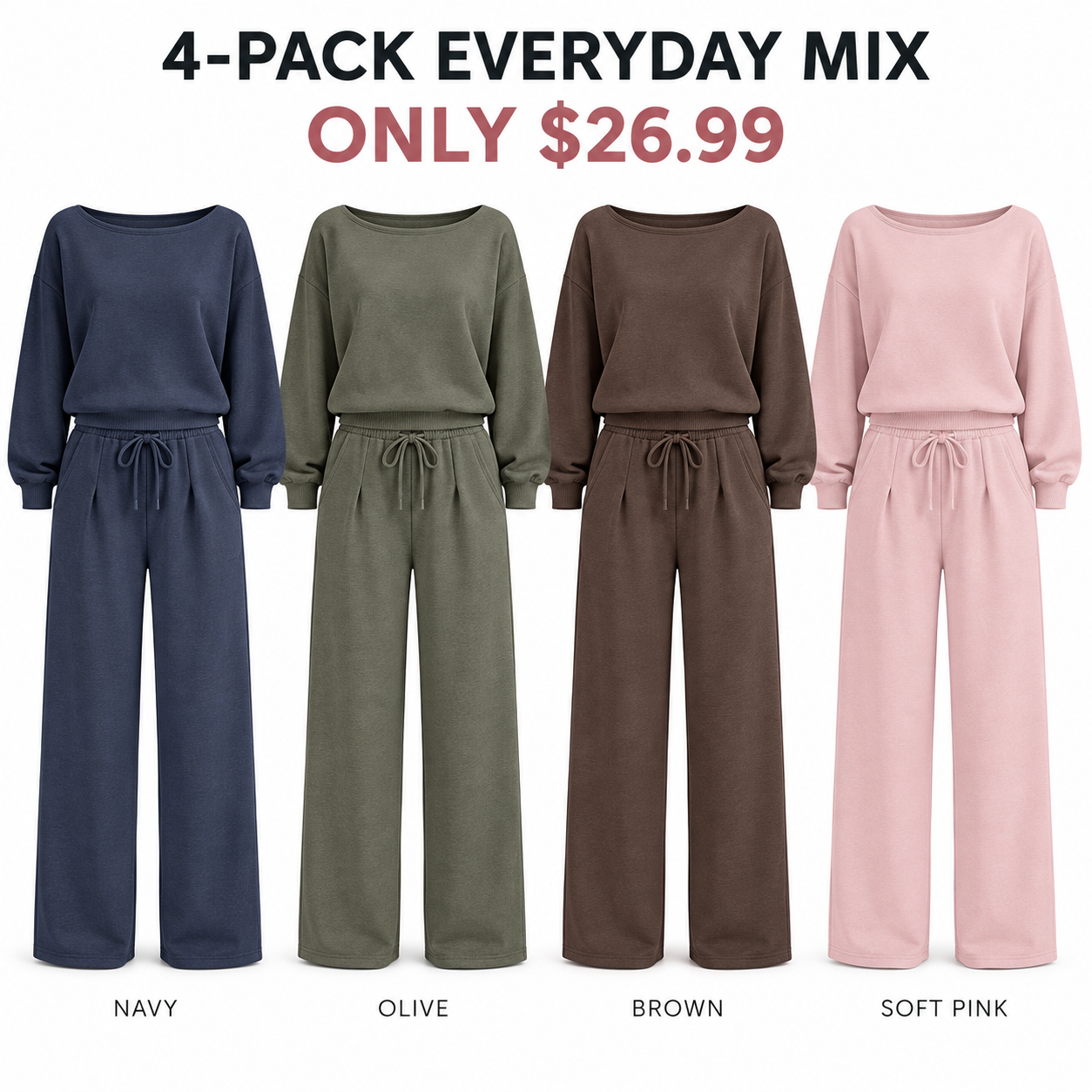 Four off-shoulder lounge sets in Everyday Mix colors, 4-Pack, $26.99