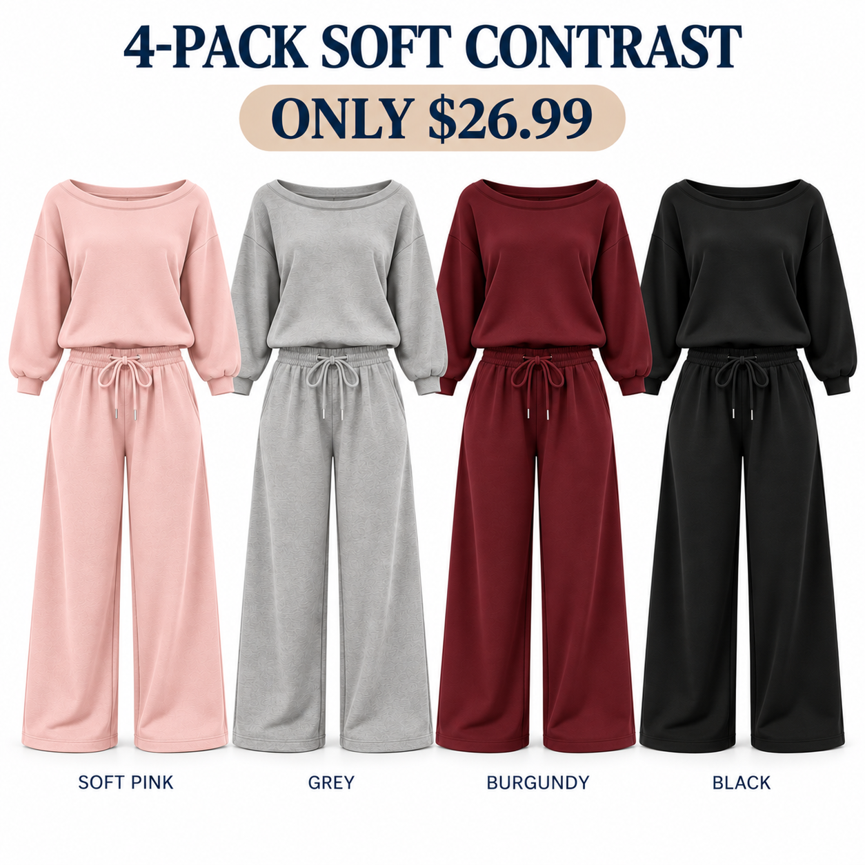 Four off-shoulder lounge sets in Soft Contrast colors, 4-Pack, $26.99