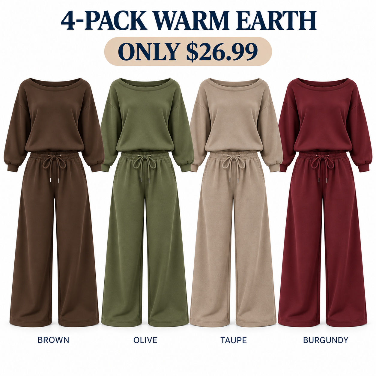 Four off-shoulder lounge sets in Warm Earth colors, 4-Pack, $26.99