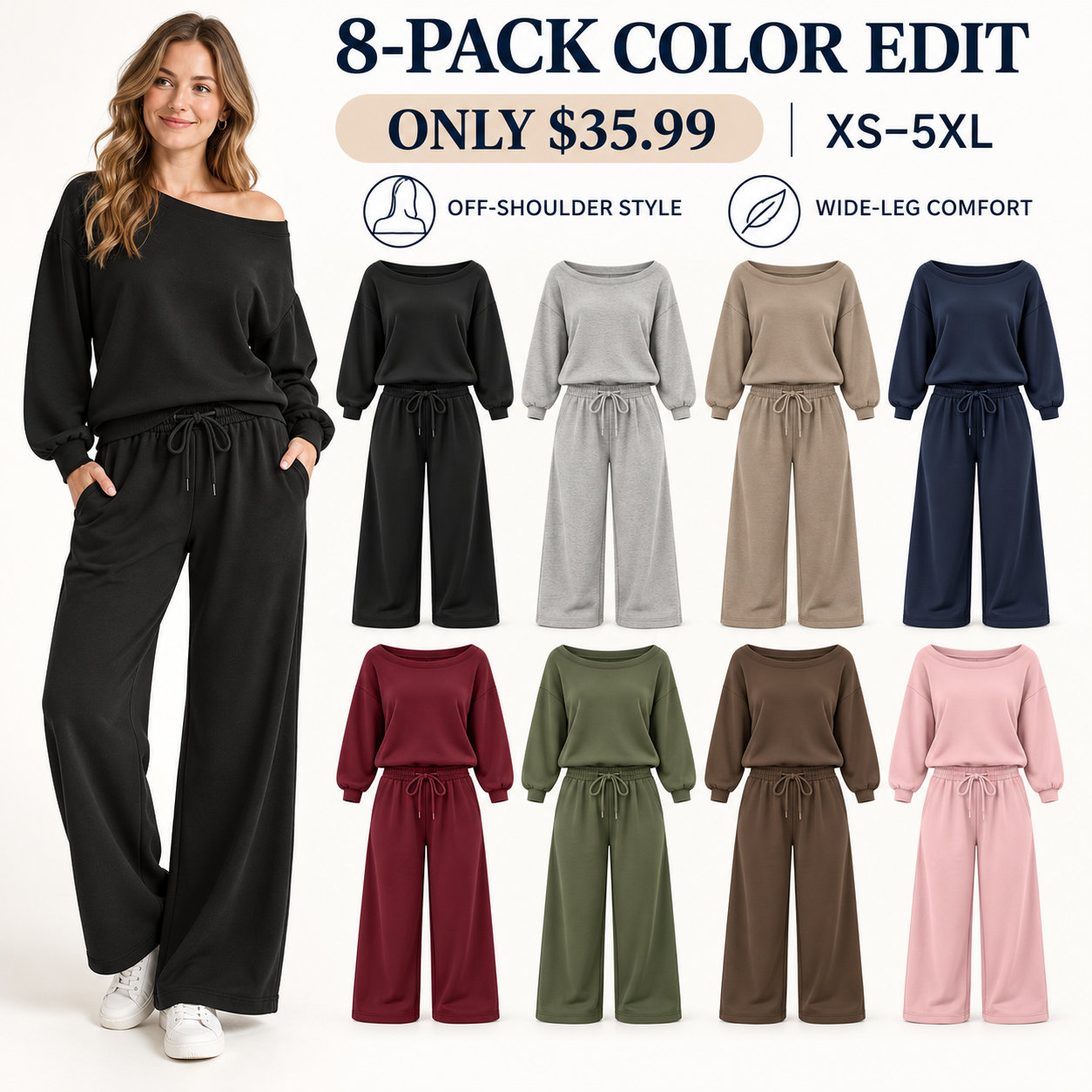 Eight women's off-shoulder lounge sets in the Complete Color Edit, 8-Pack, $35.99