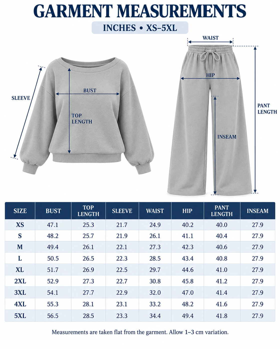XS to 5XL garment measurement guide