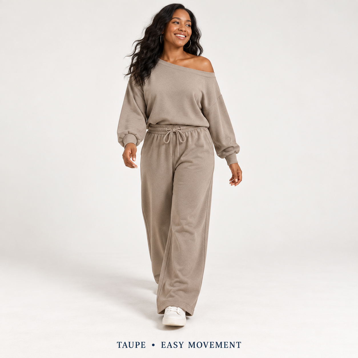 Woman wearing Taupe off-shoulder wide-leg lounge set, natural studio walking view
