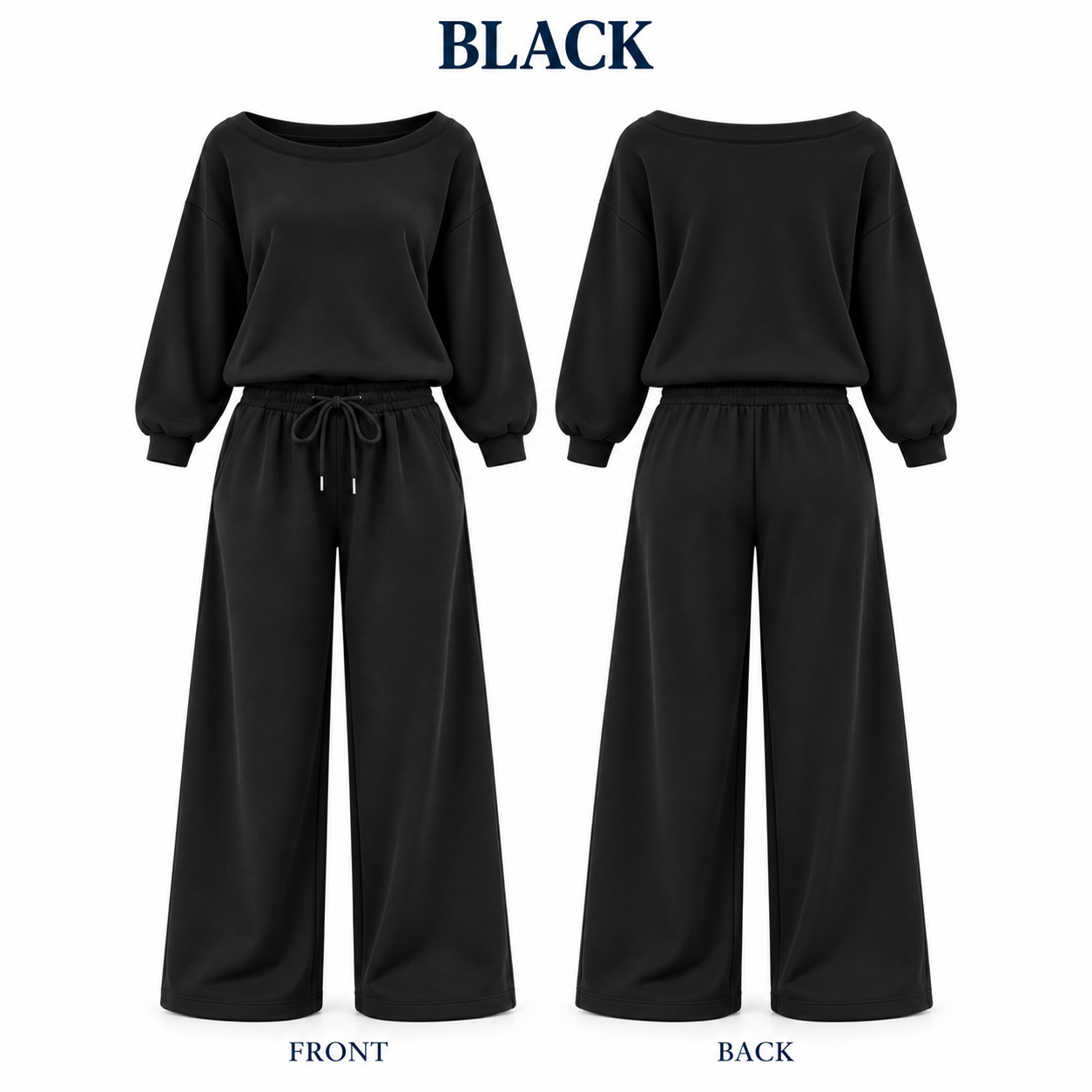 Black off-shoulder wide-leg lounge set, front and back