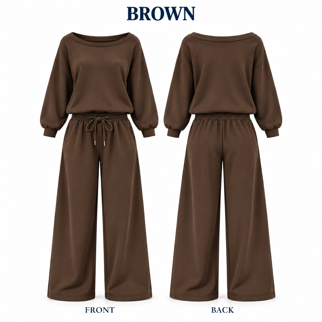 Brown off-shoulder wide-leg lounge set, front and back