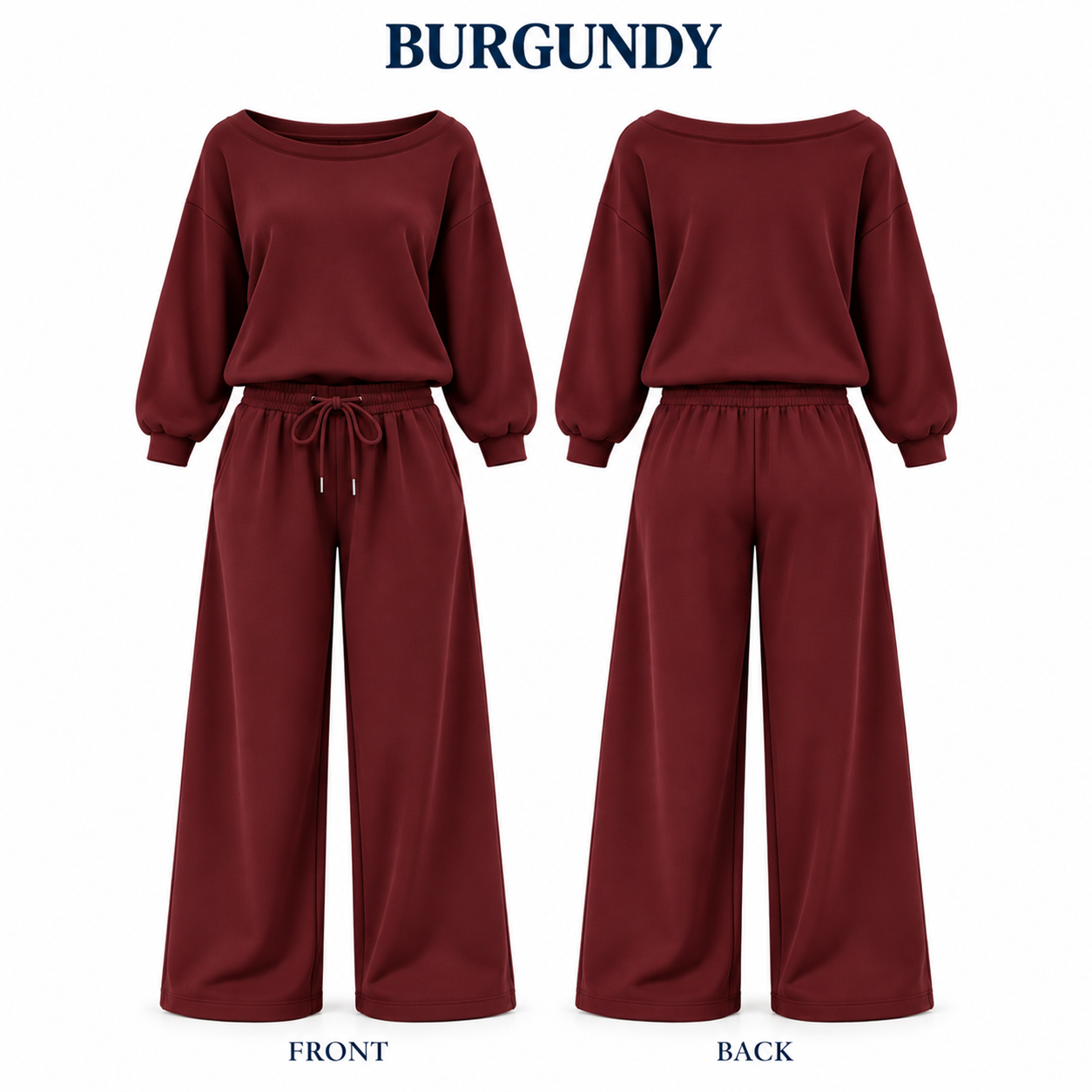 Burgundy off-shoulder wide-leg lounge set, front and back