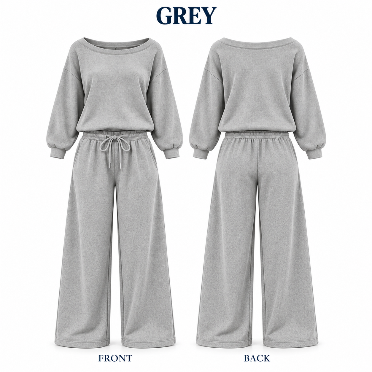 Grey off-shoulder wide-leg lounge set, front and back