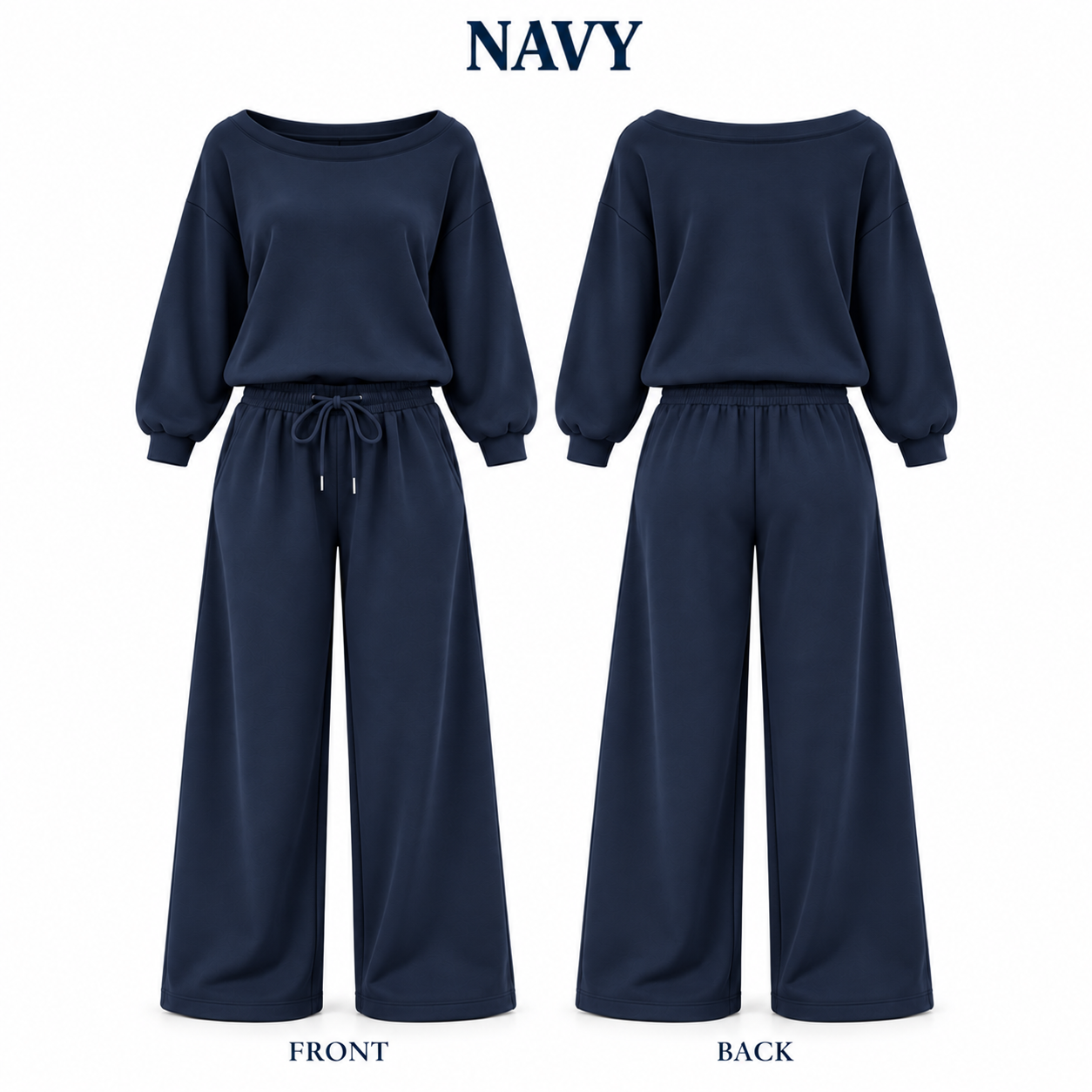 Navy off-shoulder wide-leg lounge set, front and back