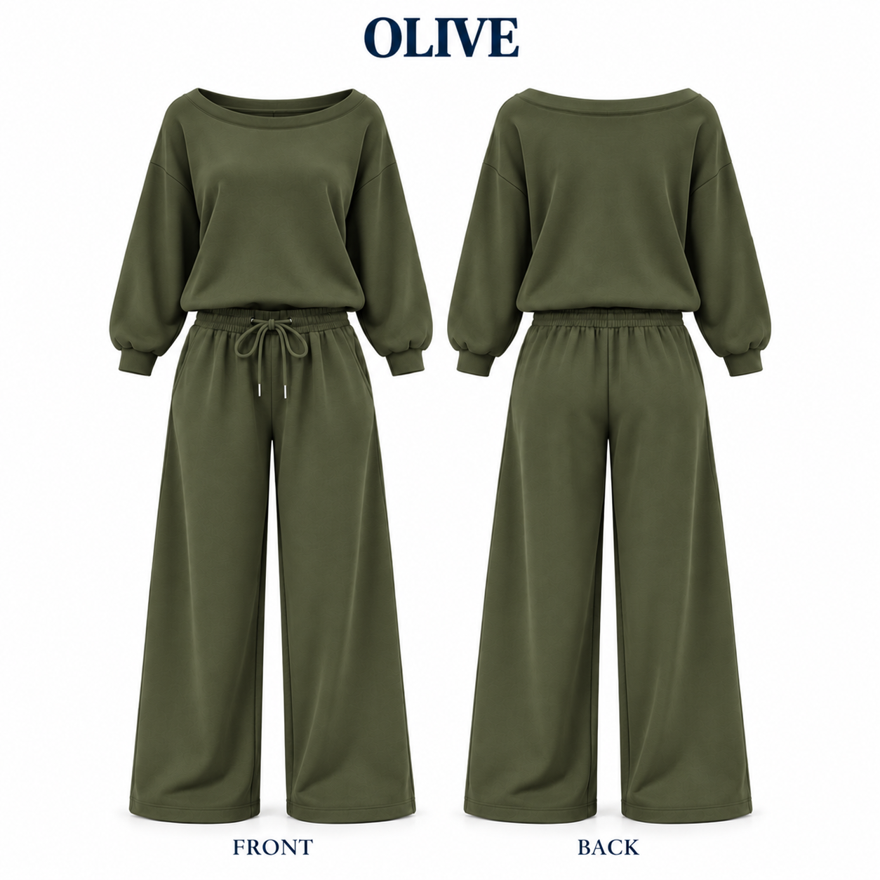 Olive off-shoulder wide-leg lounge set, front and back