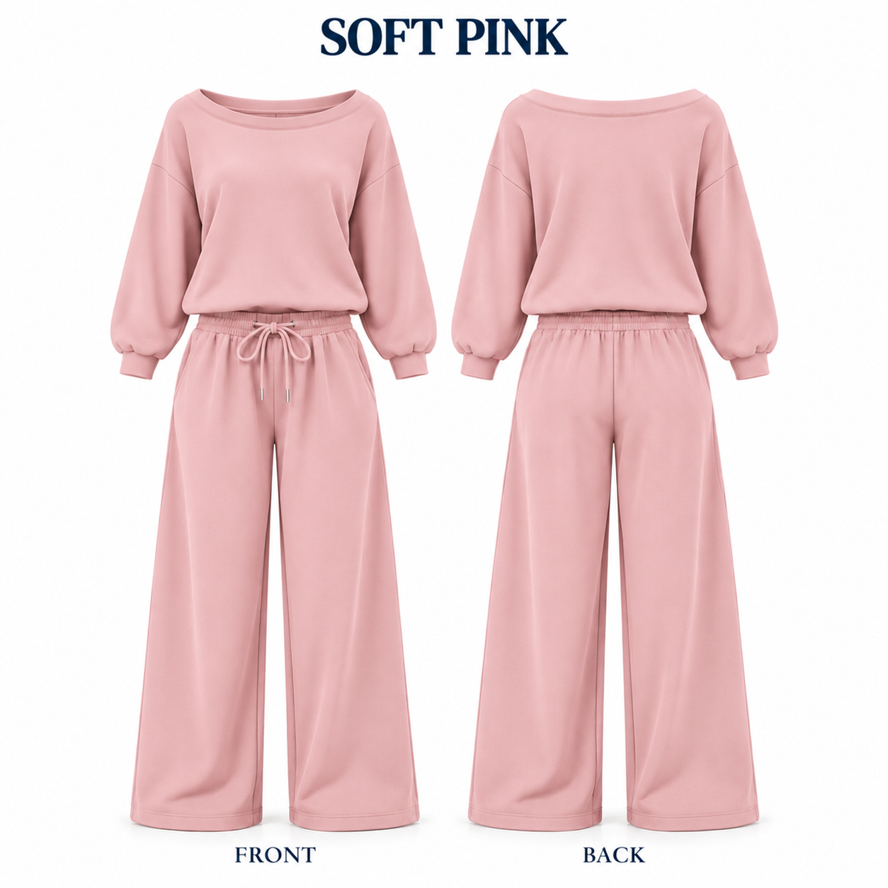 Soft Pink off-shoulder wide-leg lounge set, front and back