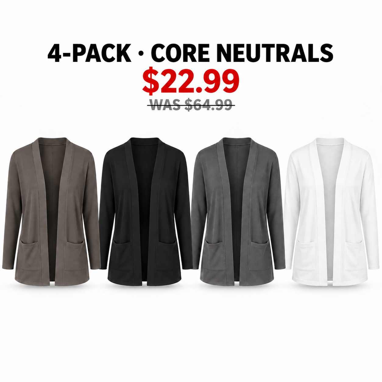 Four women's open-front cardigans in Core Neutrals, 4-Pack, USD 22.99