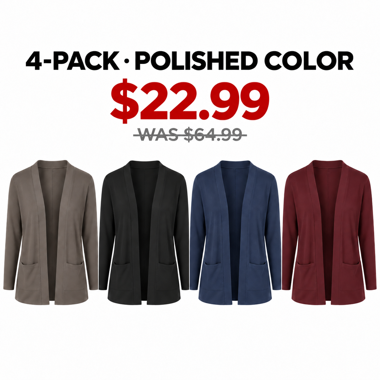 Four women's open-front cardigans in Polished Color, 4-Pack, USD 22.99
