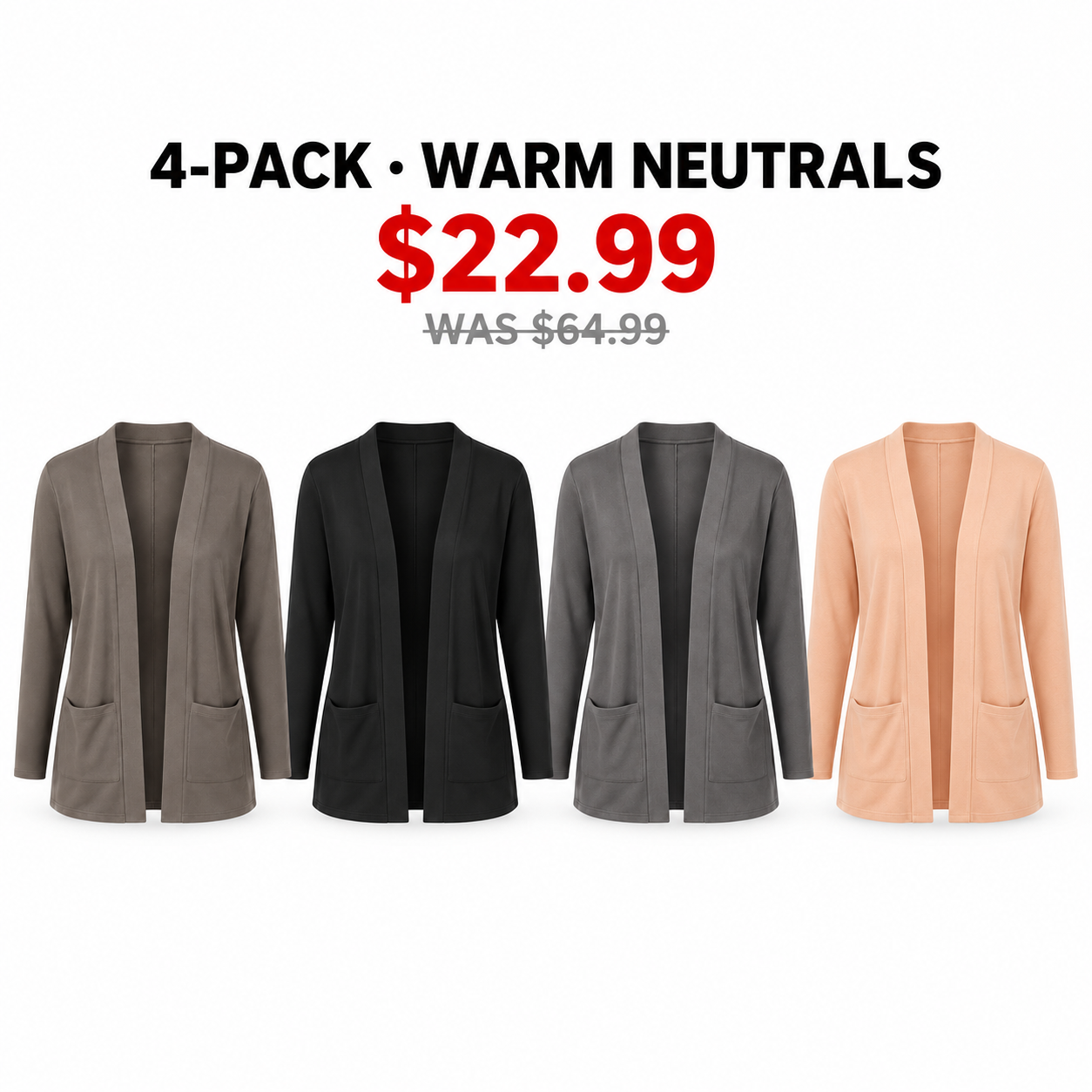 Four women's open-front cardigans in Warm Neutrals, 4-Pack, USD 22.99