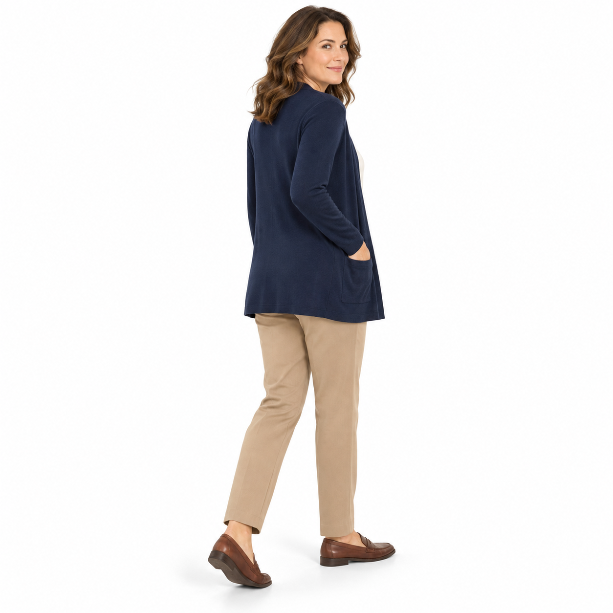 Woman wearing the Navy lightweight open-front cardigan, studio back view