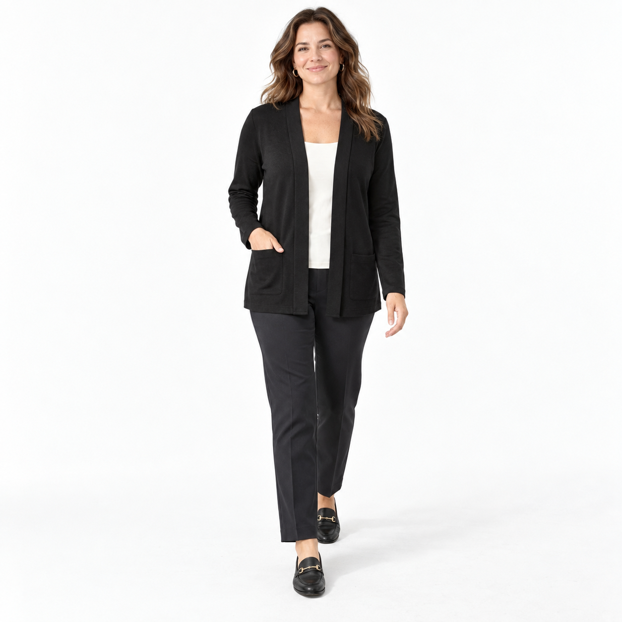Woman wearing the Black lightweight open-front cardigan, studio front view