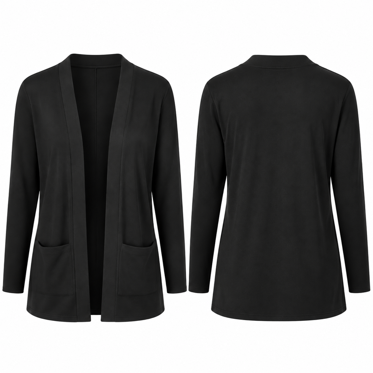 Single Black women's lightweight open-front cardigan, front and back