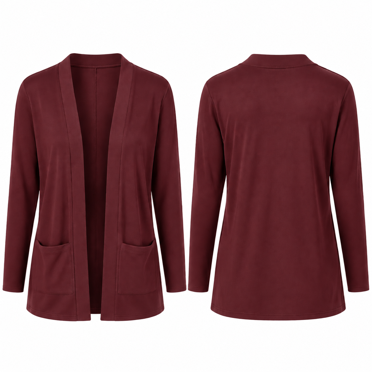 Single Burgundy women's lightweight open-front cardigan, front and back
