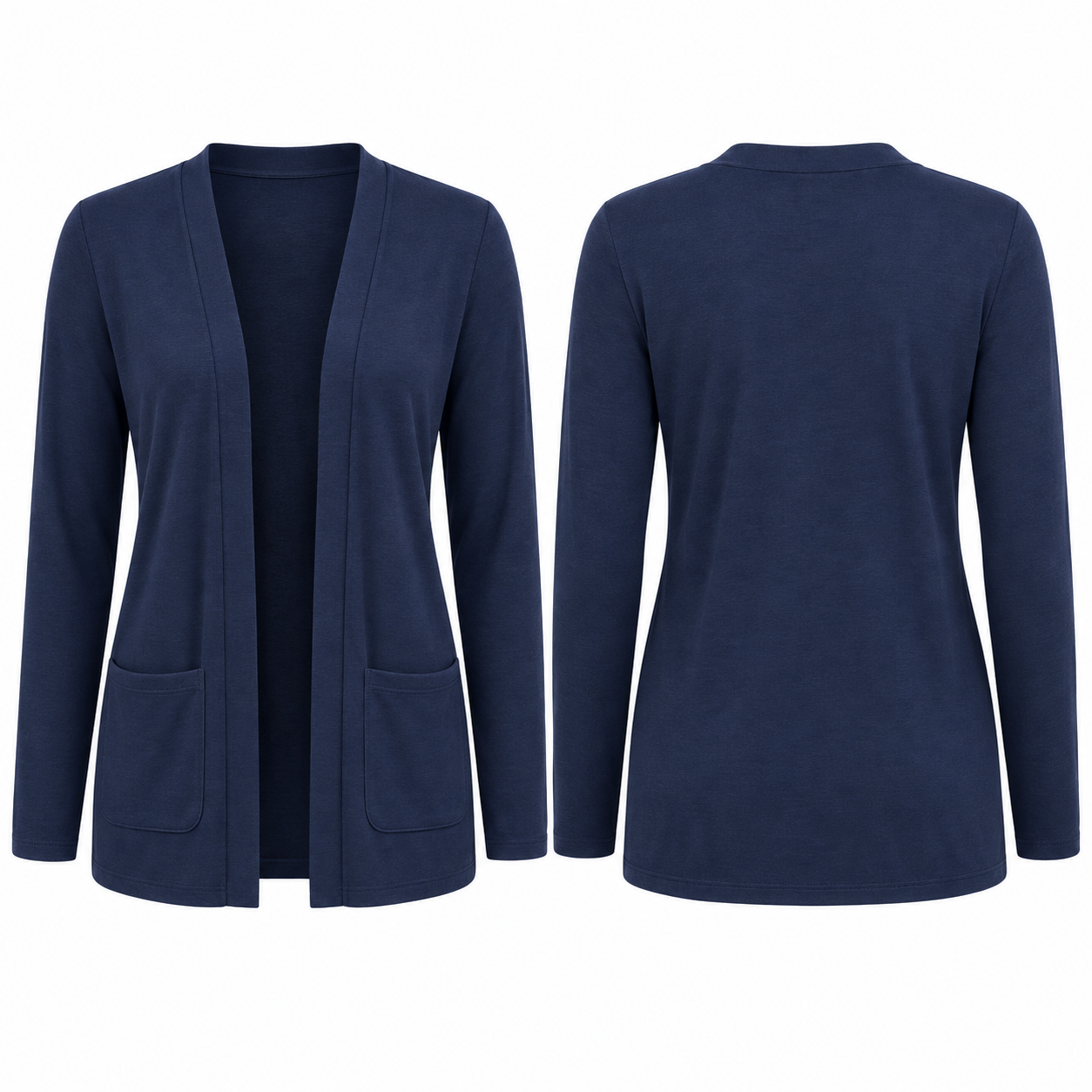 Single Navy women's lightweight open-front cardigan, front and back