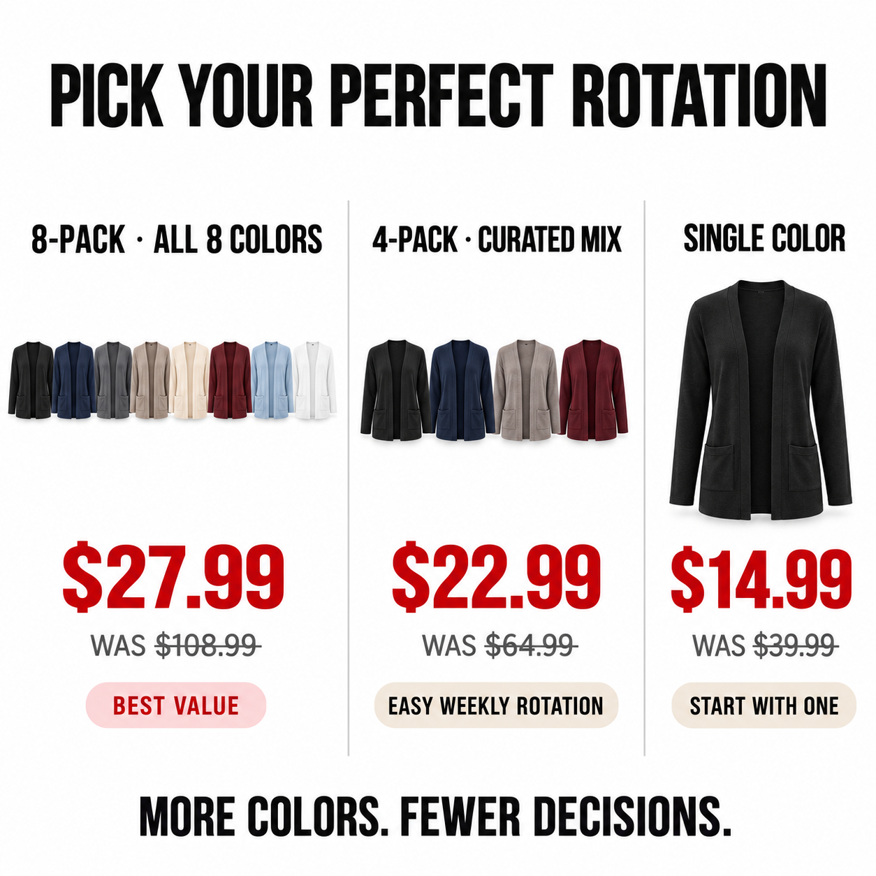 8-Pack, 4-Pack and single-color cardigan value choices