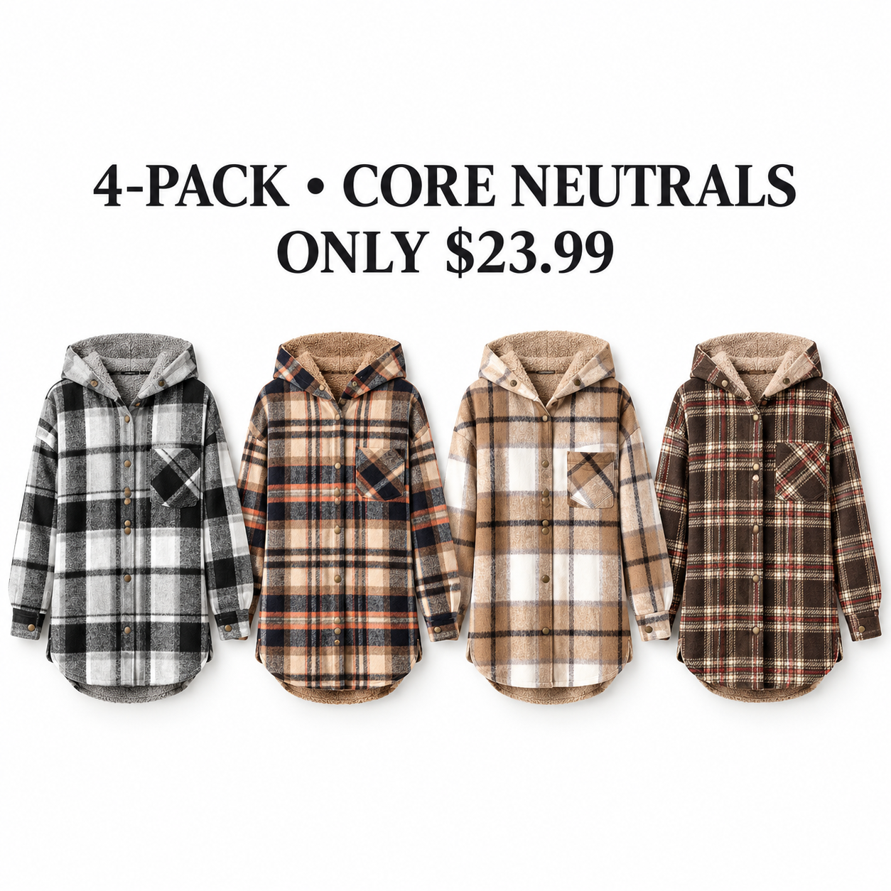 Four plaid hooded fleece-lined shackets in Core Neutrals, 4-Pack, $23.99