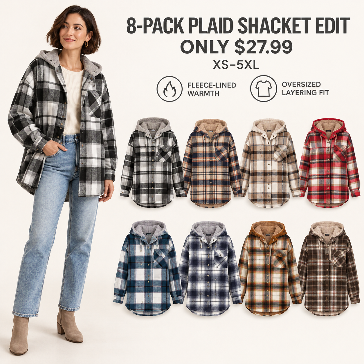 Eight women's plaid hooded fleece-lined shackets in the Complete Plaid Edit, 8-Pack, $27.99