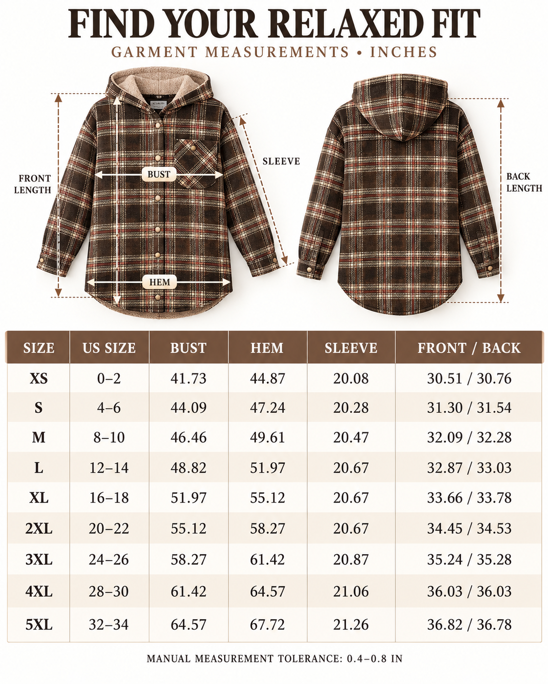 XS to 5XL garment measurements