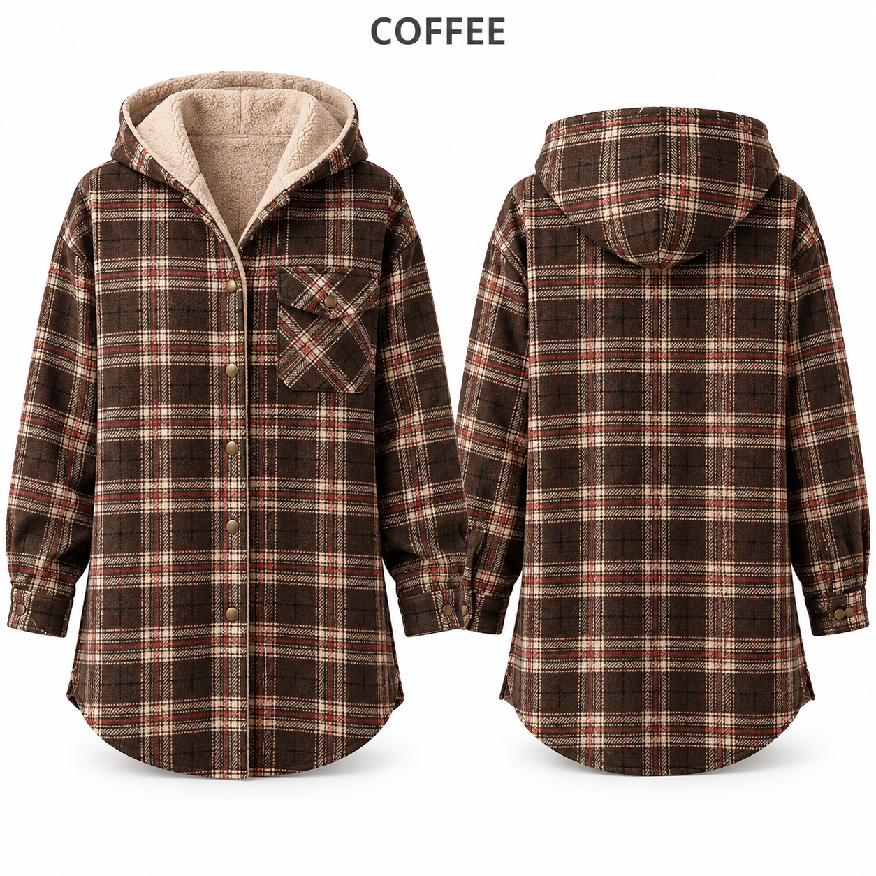 Coffee plaid hooded fleece-lined shacket, front and back product views