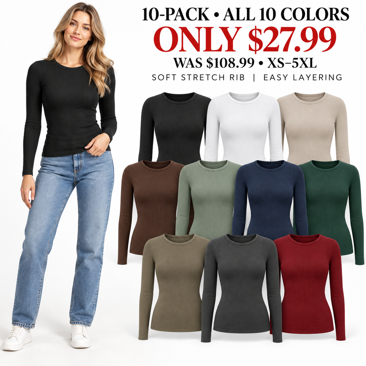 Ten women's ribbed fitted long-sleeve tops in all ten colors, 10-Pack, $27.99