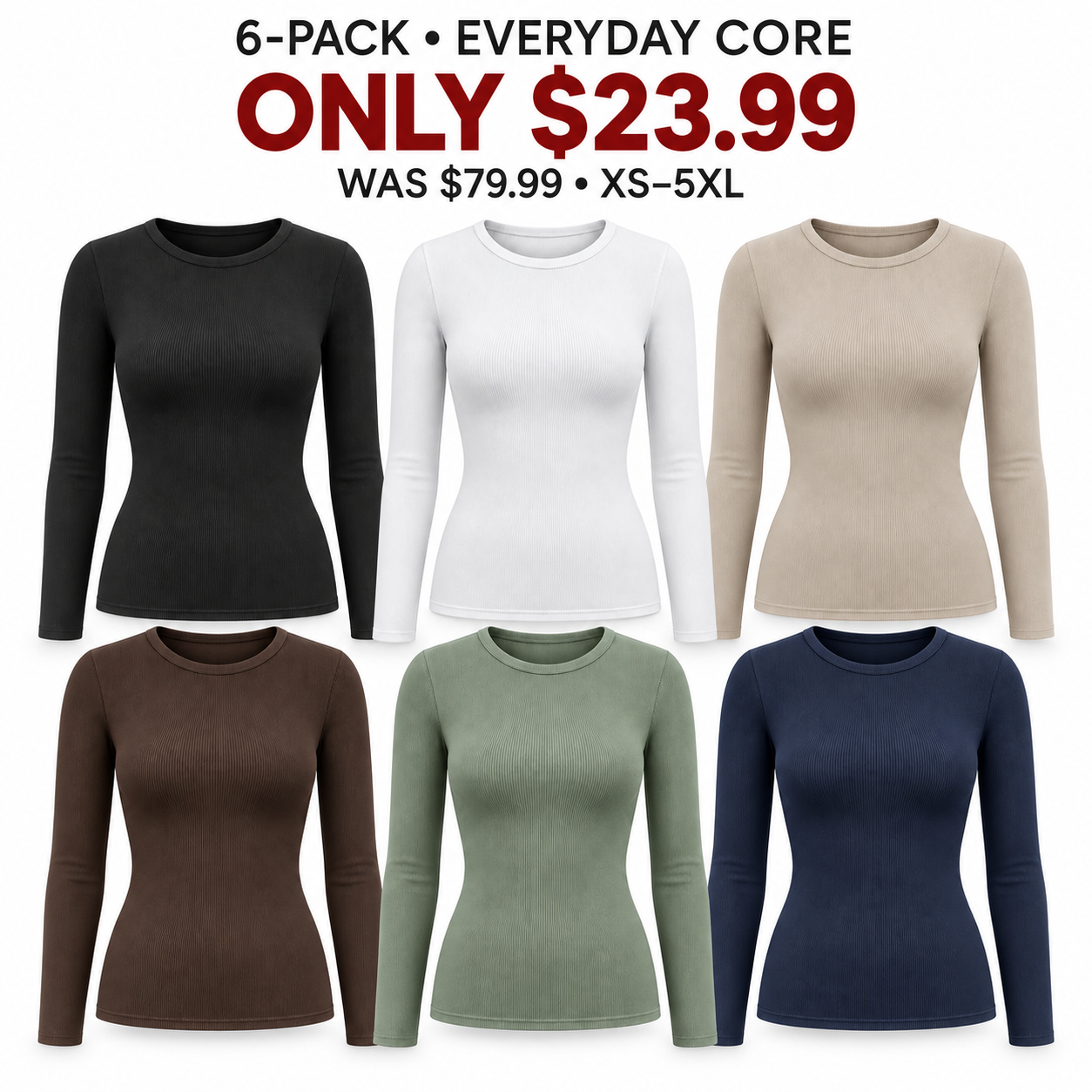 Six women's ribbed fitted tops in the Everyday Core color edit, 6-Pack, $23.99