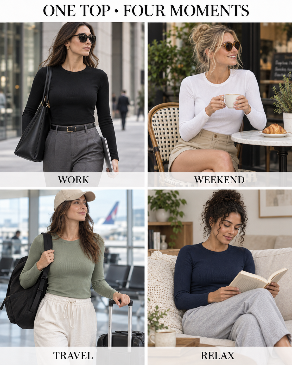 Work, weekend with tailored shorts, travel and relaxed styling collage